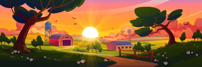 summer countryside with farm barn, windmill summer countryside with farm barn, windmill
